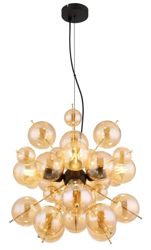Udo Ø50 Rav Taklampe Fra Globo Lighting - Lampans sk&auml;rm best&aring;r av vackra glasklot i en varm b&auml;rnstensf&auml;rg, vilket skapar en mjuk och inbjudande ljusst&auml;mning med ett bl&auml;ndfritt, harmoniskt sken.