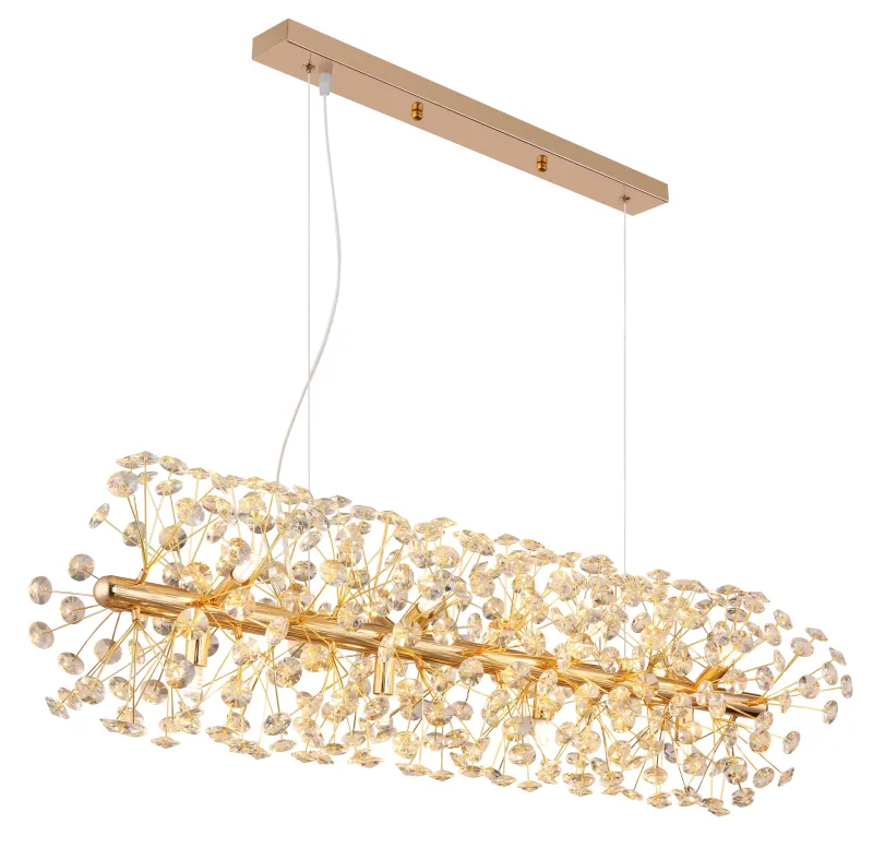 Katrina 90cm Gull krystall Fra Globo Lighting - Katrina er en elegant rektangulær krystalllysekrone i gyllent metall med glitrende K9-krystaller som skaper en sofistikert og luksuriøs atmosfære i hjemmet ditt.