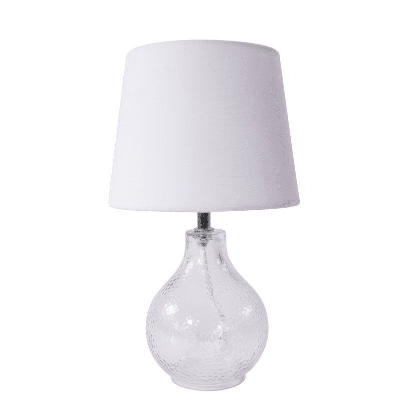 Zoom bilde av Julia 30cm Hvit bordlampe Fra Pixie Design - Julia bordlampe kombinerer en elegant glasssokkel med en tekstilskjerm, og skaper en moderne og stilig belysningsløsning.