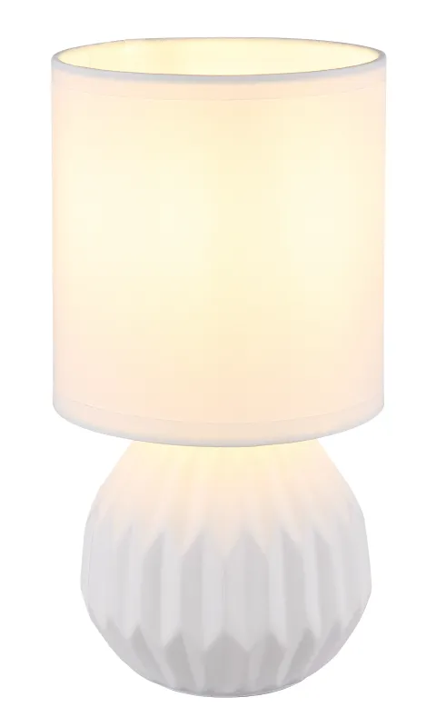 Sylas 23cm Hvit bordlampe Fra Globo Lighting - Den rundade keramiska basen i elegant vitt och den matchande cylindriska textilsk&auml;rmen skapar en harmonisk och modern estetik.