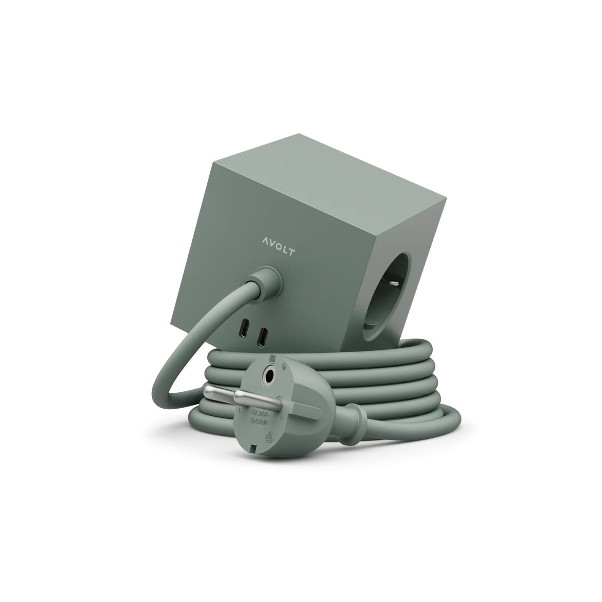 Square 1 with 30W Dual USBC & Magnetic base, 3m Grønn Fra Avolt - Styreskinne fra Avolt med et stilig design med lang PVC-ledning, en kube laget av resirkulert plast og en magnetisk plate i bunnen slik at den kan henges p&aring; veggen.