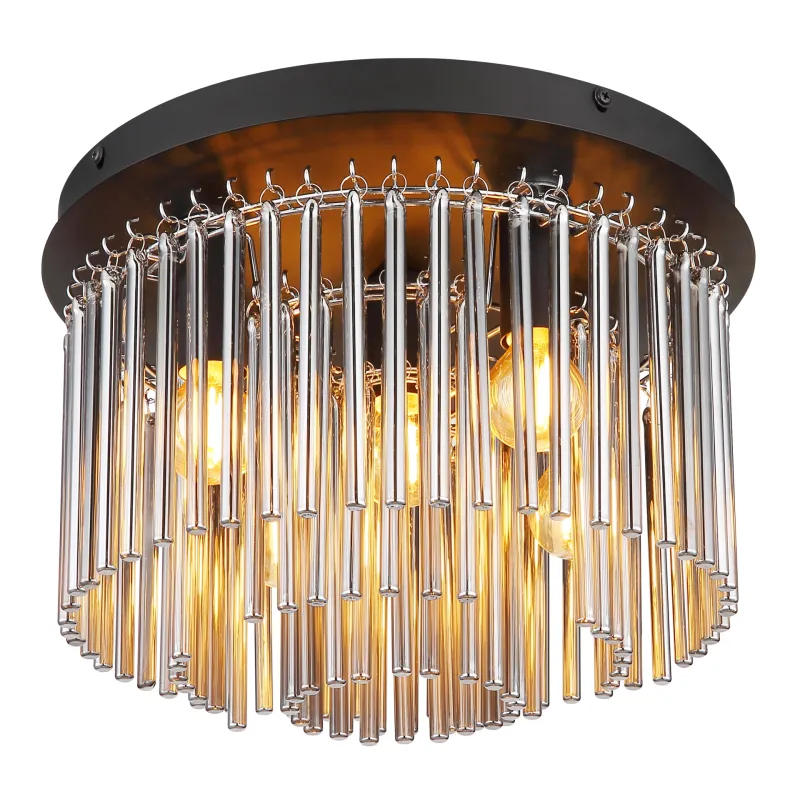 Gorley Ø32 Røykfarget plafond Fra Globo Lighting - Dess design imponerar med en stilfull kombination av mattsvart metall, gl&auml;nsande krom och r&ouml;kf&auml;rgade glasstavar.