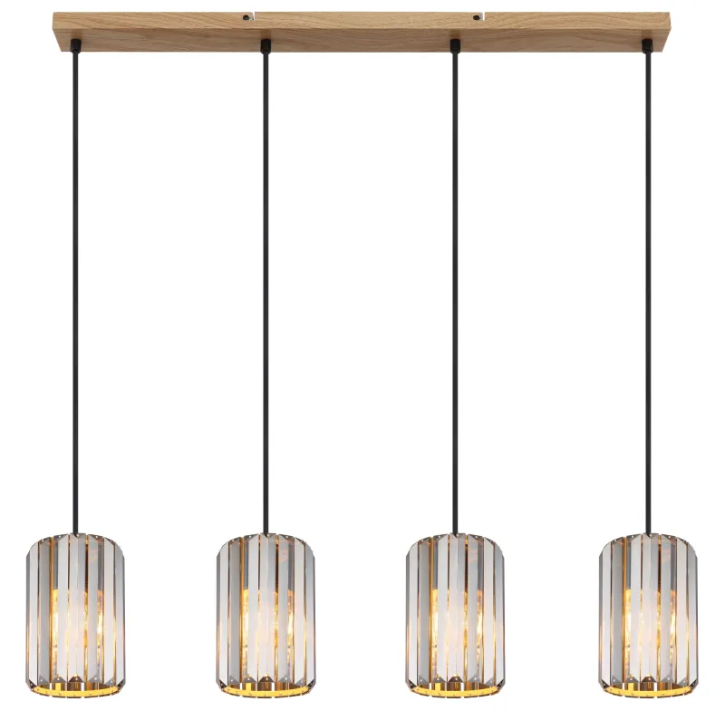 Run 88cm Røykfarget Taklampe Fra Globo Lighting - Kombinationen av metall i tr&auml;utseende och de fyra sk&auml;rmarna med r&ouml;kf&auml;rgade K5-kristaller ger en harmonisk ljusspridning och en sofistikerad k&auml;nsla.