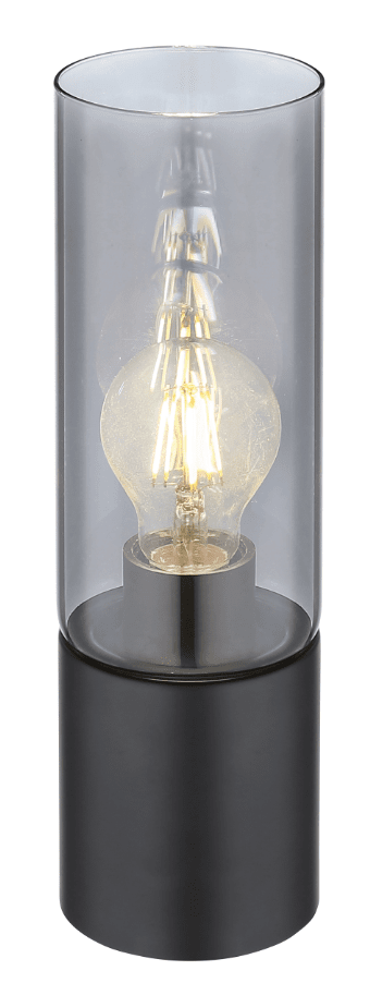 Annika 30cm Svart bordlampe Fra Globo Lighting - Denne stilige lampen har en rund, svart base og en sylinderformet skjerm i eksklusivt r&oslash;kt glass.