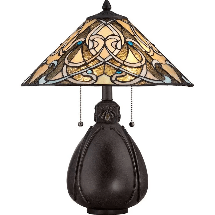 India 50cm Flerfarget Fra Elstead Lighting - India er en kompakt Tiffany bordlampe med et elegant og intrikat design.