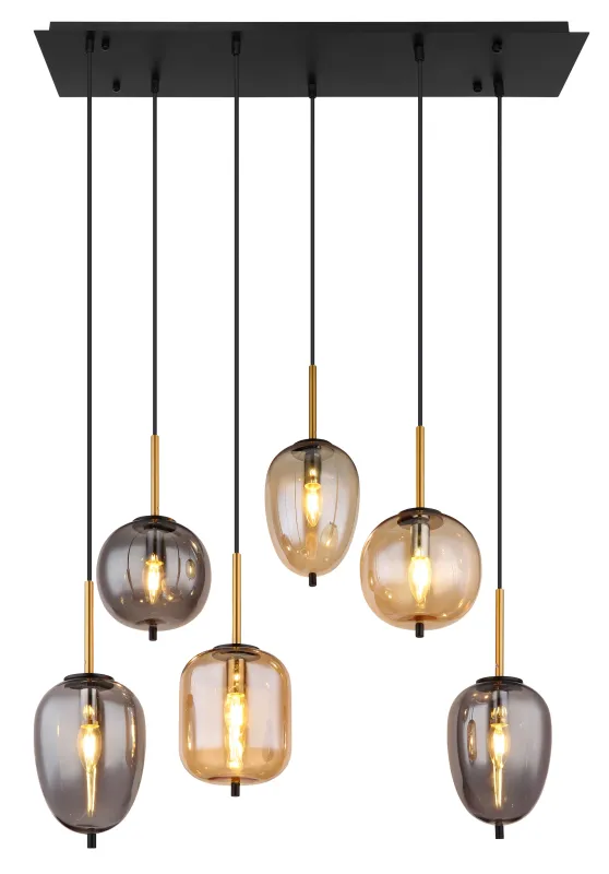 Blacky 80cm Rav Taklampe Fra Globo Lighting - De sex r&ouml;k- och amberf&auml;rgade glasgloberna i olika former h&auml;nger fr&aring;n en svart, rektangul&auml;r takplatta och kan justeras upp till 120 cm fr&aring;n taket.