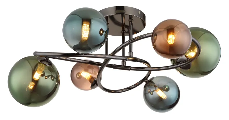 Riha Ø65 Flerfarget plafond Fra Globo Lighting - De olika glaskulorna i brons, gr&ouml;nt och petrol ger lampan en dynamisk och lekfull karakt&auml;r samtidigt som de skapar en visuellt intressant ljusbild.