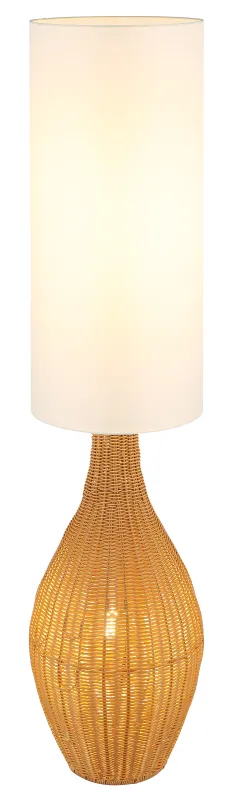 Anko Brun gulvlampe Fra Globo Lighting - Den rundade designen i plast med en dekorativ rottinglook ger en naturlig charm, medan den vita textilsk&auml;rmen sprider ett mjukt och behagligt ljus.