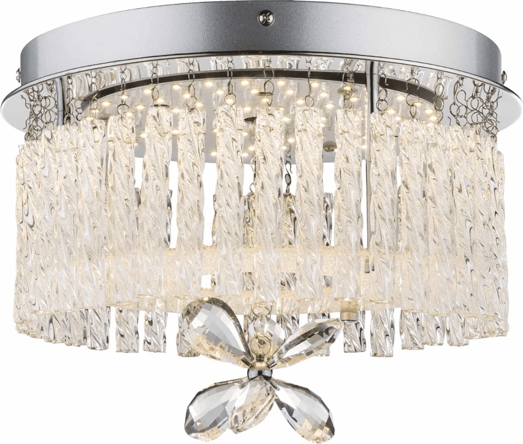 Mathilda Ø28 Krom krystall Fra Globo Lighting - Det runde designet kombinerer en kromfarget base med hengende glassstenger og en stor blomsterformet krystall som blir rommets blikkfang.