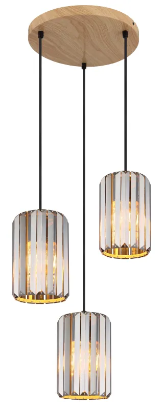 Run Ø35 Røykfarget Taklampe Fra Globo Lighting - Kombinationen av metall i tr&auml;utseende och de tre sk&auml;rmarna med r&ouml;kf&auml;rgade K5-kristaller ger en harmonisk ljusspridning och en sofistikerad k&auml;nsla.