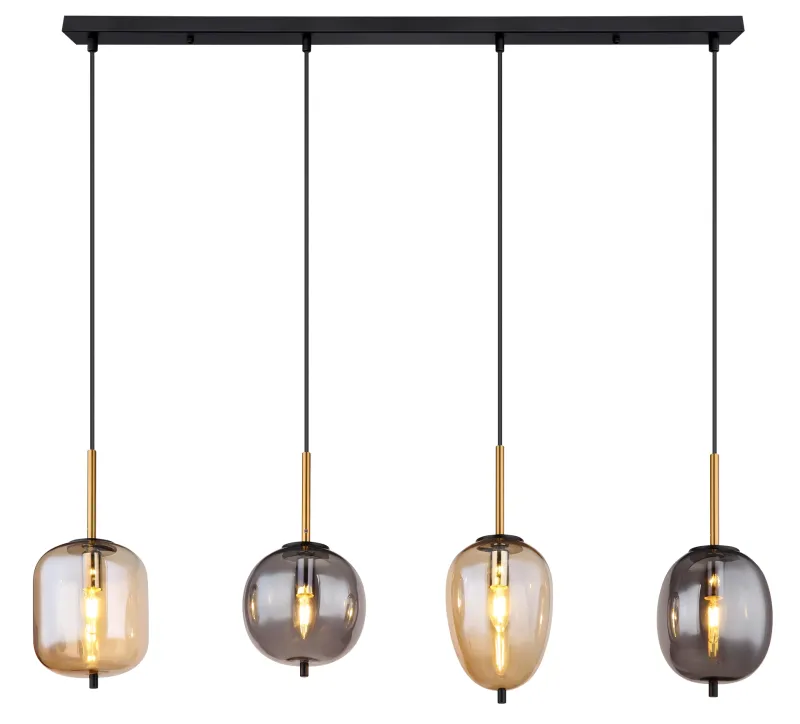 Blacky 110cm Rav Taklampe Fra Globo Lighting - De fyra r&ouml;k- och amberf&auml;rgade glasgloberna i olika former h&auml;nger fr&aring;n en svart, rektangul&auml;r takplatta och kan justeras upp till 120 cm fr&aring;n taket.