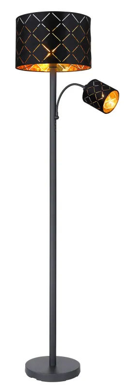 Sunna Svart gulvlampe Fra Globo Lighting - Den runda stommen i h&ouml;gkvalitativ svart metall ger stabilitet och tidl&ouml;s charm, medan den svarta lampsk&auml;rmen i sammet med dekorativa utsk&auml;rningar tillf&ouml;r en lyxig k&auml;nsla och skapar ett fascinerande ljusspel.