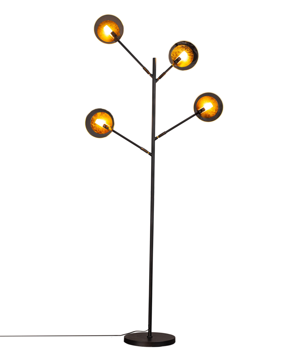 Turno Svart gulvlampe Fra By Rydéns - D&aring; Turno gulvlampe har ingen bakside, du kan velge om du vil at lyskildene, som er plassert i et r&oslash;r av frostet glass, skal v&aelig;re i fokus eller om du foretrekker dem skjult og s&aring; s&aring; utstr&aring;le p&aring; sidene bak den gullfargede metallskiven.