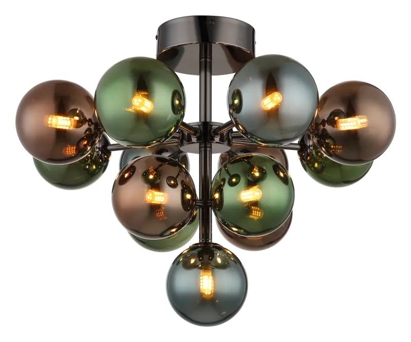 Grappy Ø56 Flerfarget plafond Fra Globo Lighting - Den svarta, kromade metallstommen ger en modern touch, medan lampsk&auml;rmen pryds av en harmonisk blandning av brons-, gr&ouml;na och petrolf&auml;rgade glasklot.