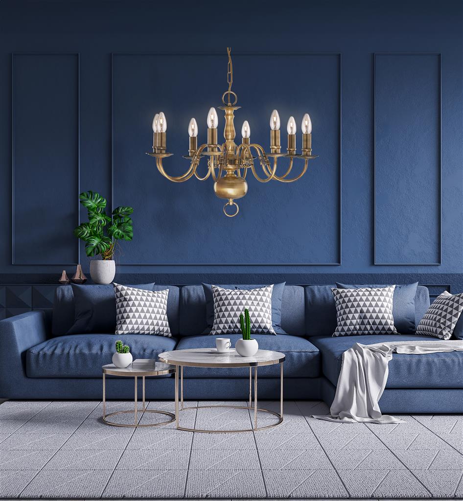 Flemish 8 Ø62 Messing Taklampe Fra Searchlight - En lysekrone for de som &oslash;nsker &aring; kombinere historisk stil med funksjon og skape en virkelig majestetisk f&oslash;lelse i hjemmet sitt.