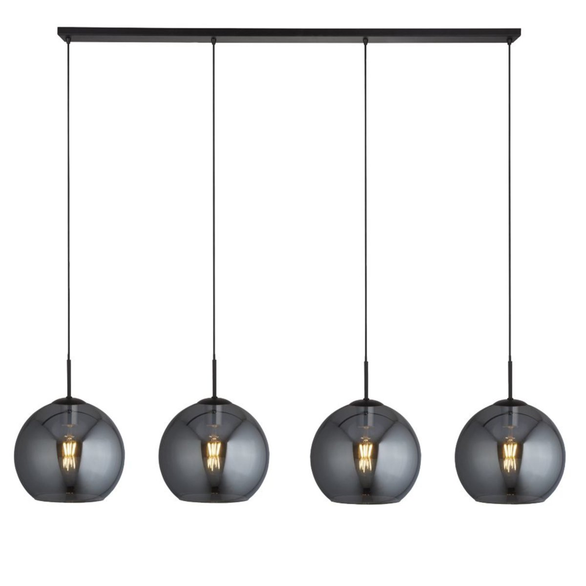 Amsterdam 175cm Svart Taklampe Fra Searchlight - Amsterdam pendel med fire pærer har en matt svart finish og store røkte glasskupler med åpen bunn.