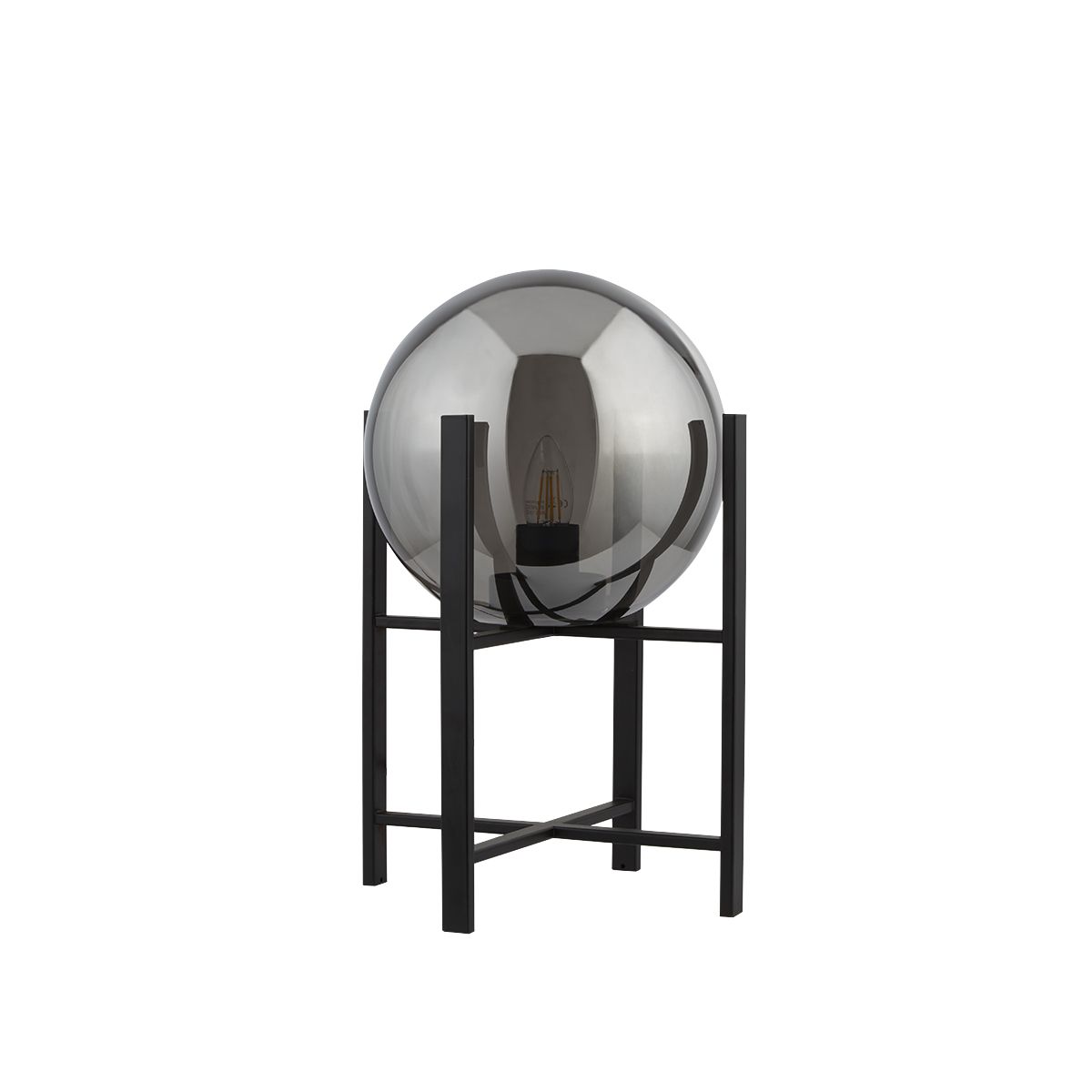 Amsterdam 43cm Svart bordlampe Fra Searchlight - Amsterdam bordlampe har en matt svart finish og et firbent stativ som holder en stor røykfarget, avrundet glasskuppel.