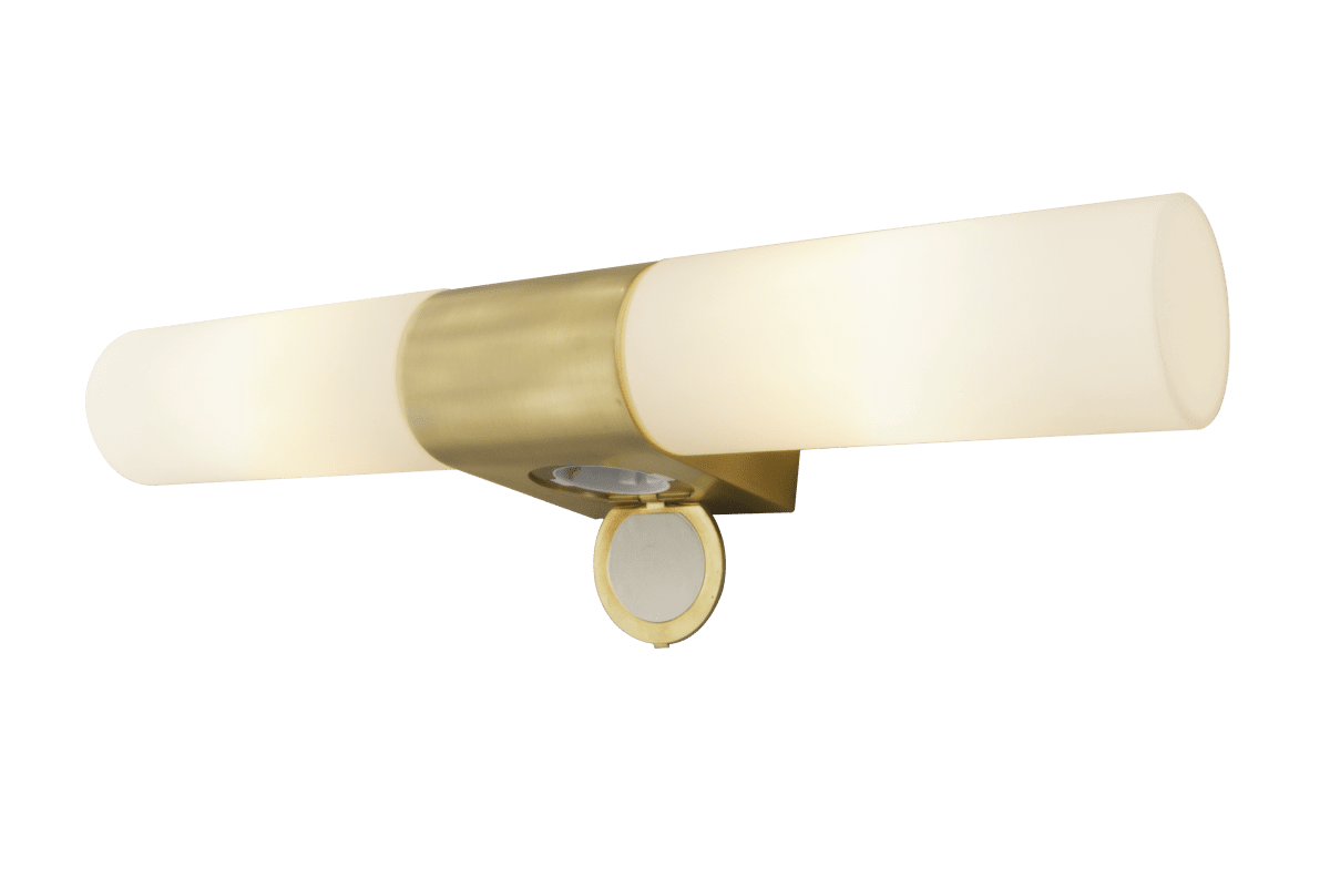 Cosenza 44cm Matt messing baderomslampe Fra Aneta Lighting - Cosenza dobbel vegglampe i matt messingfarget metall og opalhvit glassskjerm.