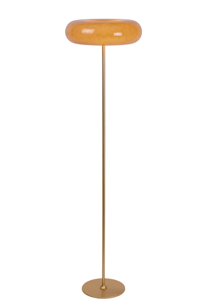 Sentino Taupe gulvlampe Fra Lucide - Denne gulvlampen har en blank, belagt glassskjerm i form av en smultring, plassert på; en stilig metallbase.
