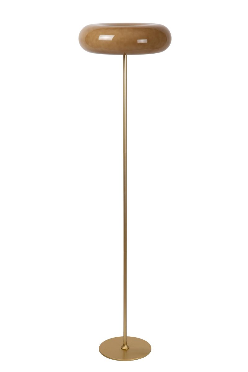 Sentino Taupe gulvlampe Fra Lucide - Denne gulvlampen har en blank, belagt glassskjerm i form av en smultring, plassert på; en stilig metallbase.