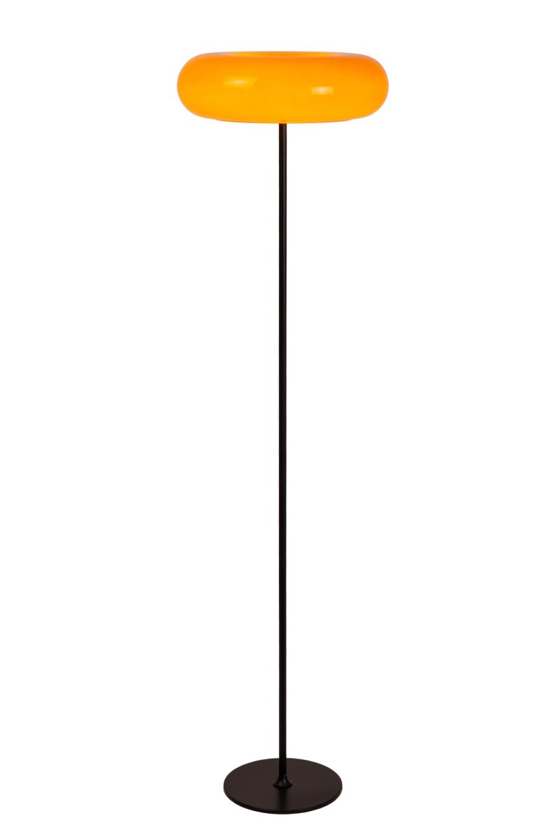 Sentino Oransje gulvlampe Fra Lucide - Denne gulvlampen har en blank, belagt glassskjerm i form av en smultring, plassert på; en stilig metallbase.
