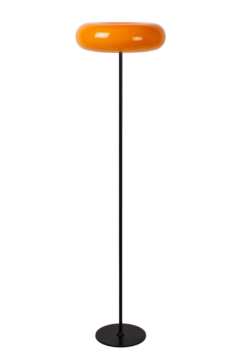 Sentino Oransje gulvlampe Fra Lucide - Denne gulvlampen har en blank, belagt glassskjerm i form av en smultring, plassert på; en stilig metallbase.