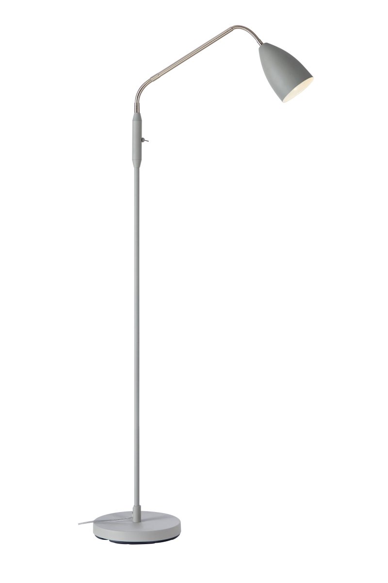 Patro Grå gulvlampe Fra Markslöjd - Den praktiske, justerbare fleksarmen i stål har en innebygd bryter for den integrerte LED-belysningen, som kan dimmes i tre trinn når lampen slås av og på.