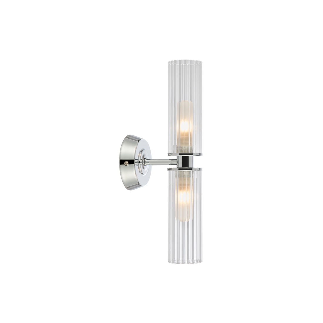 Zoom bilde av Rimini 35cm Krom baderomslampe Fra Markslöjd - Rimini er en elegant vegglampe med stilige detaljer i kromfinish og to avlange skjermer i klart, riflet glass.