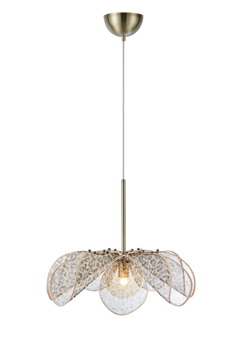 Styrka Ø63 Flerfarget Taklampe Fra Markslöjd - Taklampe i et uttrykksfullt leopardm&oslash;nster i svart og beige, med en blomsterlignende form i bananfiber som gir et mykt og dekorativt inntrykk.