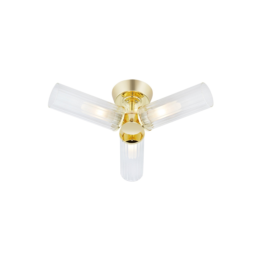 Rimini Ø40 Messing baderomslampe Fra Markslöjd - Rimini er en elegant taklampe som kombinerer en skinnende messingfinish med tre avlange skjermer i klart, riflet glass.