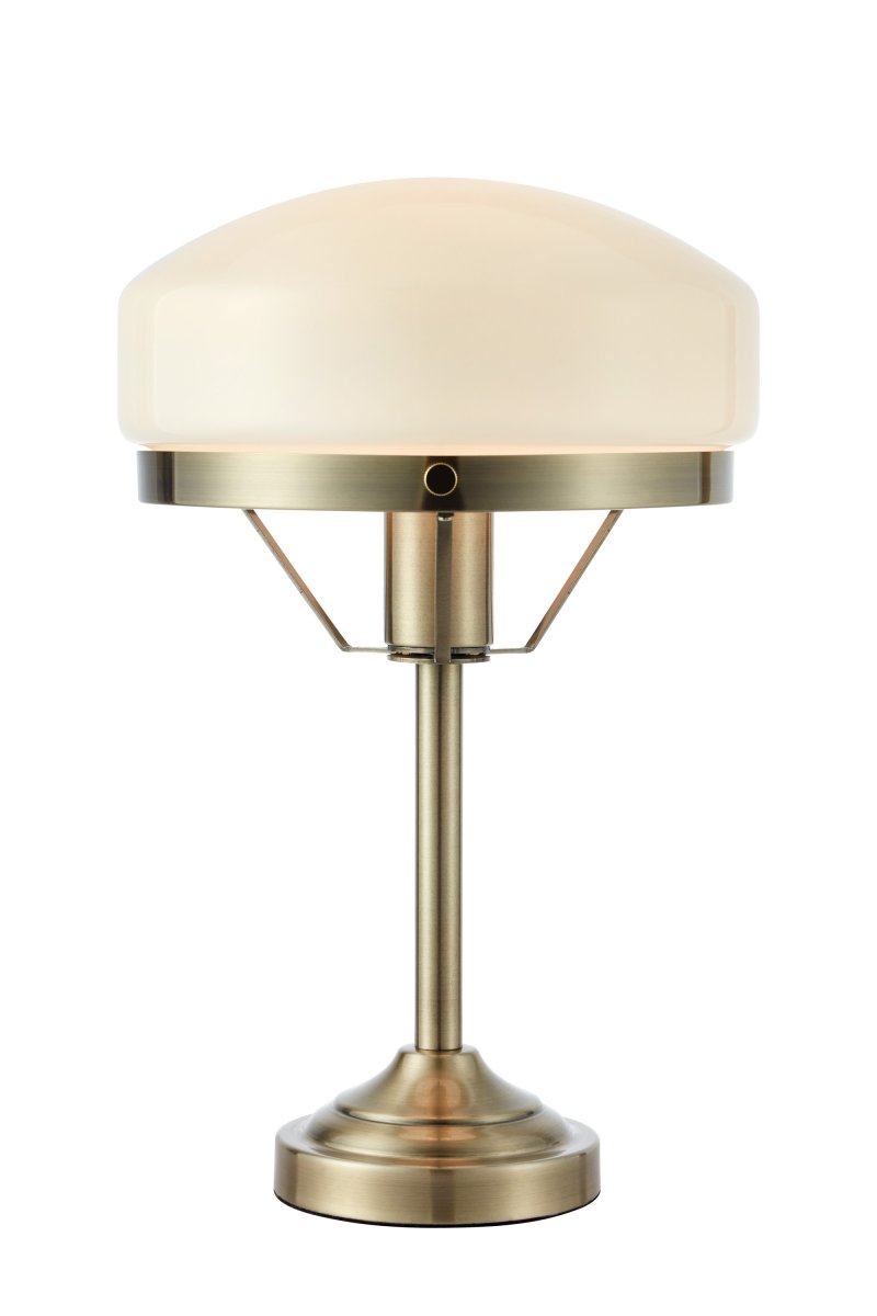 Zoom bilde av Aurelia 40cm Antikk messing bordlampe Fra Markslöjd - Den antikk messingfargede metallbasen er kombinert med en mykt formet hvit glassskjerm, noe som gir lampen et klassisk og stilig uttrykk.