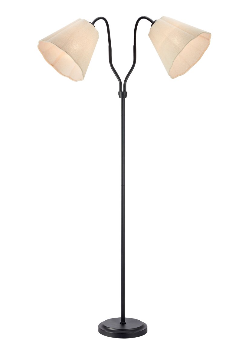 Veya 2 Svart gulvlampe Fra Markslöjd - Veya er en stilig gulvlampe med en svart metallbase og to beige tekstilskjermer som skaper en myk kontrast.