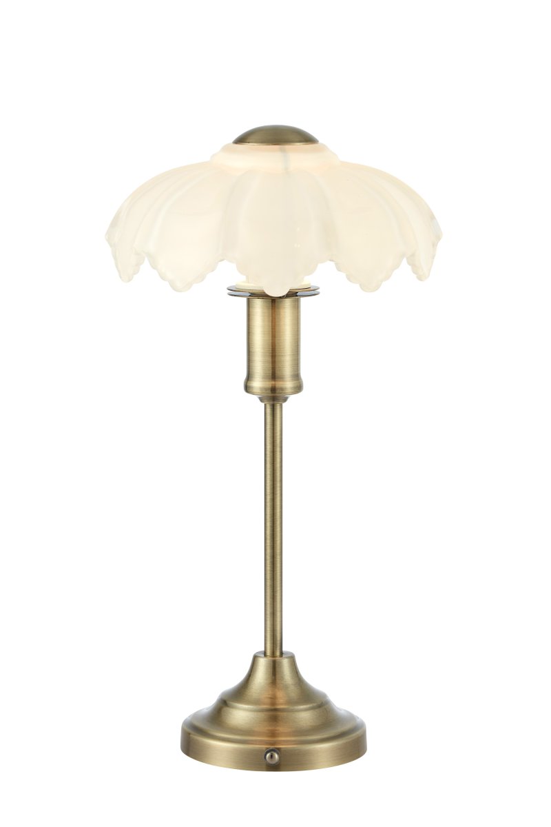 Kurage 35cm Antikk messing/hvit bærbar Fra Markslöjd - Lampen er oppladbar og har en ber&oslash;ringsdimmer p&aring; basen med tre lysstyrkeniv&aring;er og justerbar fargetemperatur.
