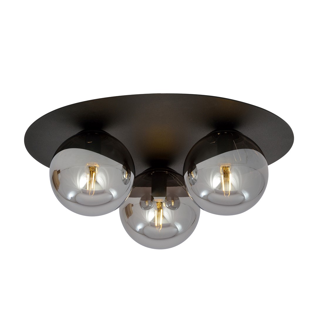 Solar Ø43 Svart plafond Fra Emibig Lighting - Den brede, svarte metallskjermen skaper et grafisk uttrykk, mens de røykfargede glasskuplene gir et mykt og behagelig lys.