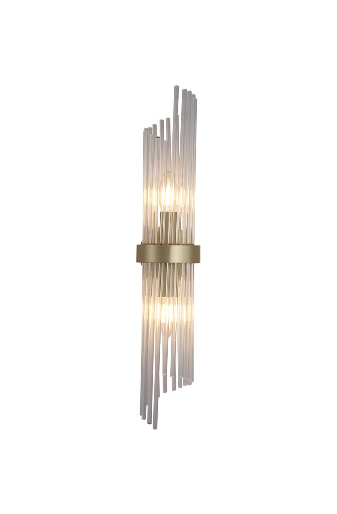 Lara 56cm Gull vegglampe Fra Searchlight - Den stilige veggplaten i gullfinish er kombinert med dekorative glassstenger i klart glass som fungerer som prismer og reflekterer lyset p&aring; en vakker m&aring;te.