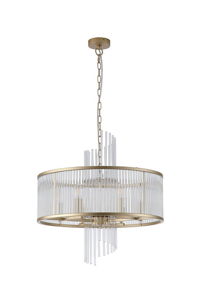 Lara Ø55 Børstet gull krystall Fra Searchlight - Den runde metallrammen med børstet gullfinish er utsmykket med klare glassstenger som, som prismer, fanger og reflekterer lyset, og skaper et mykt og stemningsfullt lysbilde i rommet.