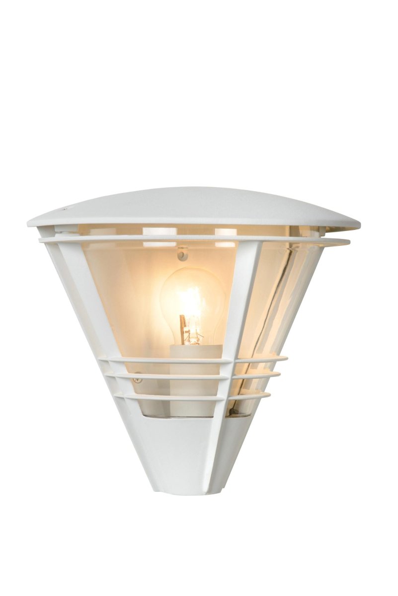 Livia Hvit utendørslampe Fra Lucide - Når du slår på denne vegglampen, forvandles den til en gylden stemningsbryter.