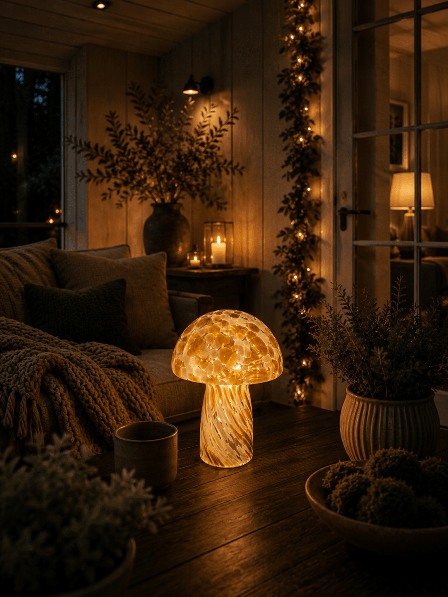 Svamp 35cm Brun bordlampe Fra Pixie Design - Sopplampen fra Pixie Design har et vakkert design med en marmorert overflate i brunt og hvitt.