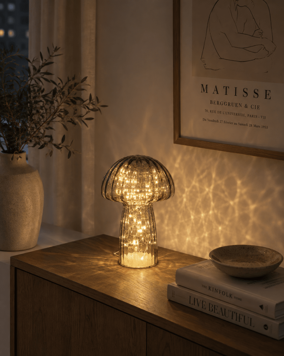 Svamp 23cm Grå bordlampe Fra Pixie Design - Den er utstyrt med en timer og en praktisk 5-trinns dimmer for &aring; justere lyset etter behov, noe som gj&oslash;r den perfekt for b&aring;de arbeidsbelysning og koselig kveldsbelysning.