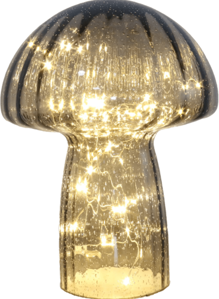 Svamp 23cm Grå bordlampe Fra Pixie Design - Den er utstyrt med en timer og en praktisk 5-trinns dimmer for &aring; justere lyset etter behov, noe som gj&oslash;r den perfekt for b&aring;de arbeidsbelysning og koselig kveldsbelysning.