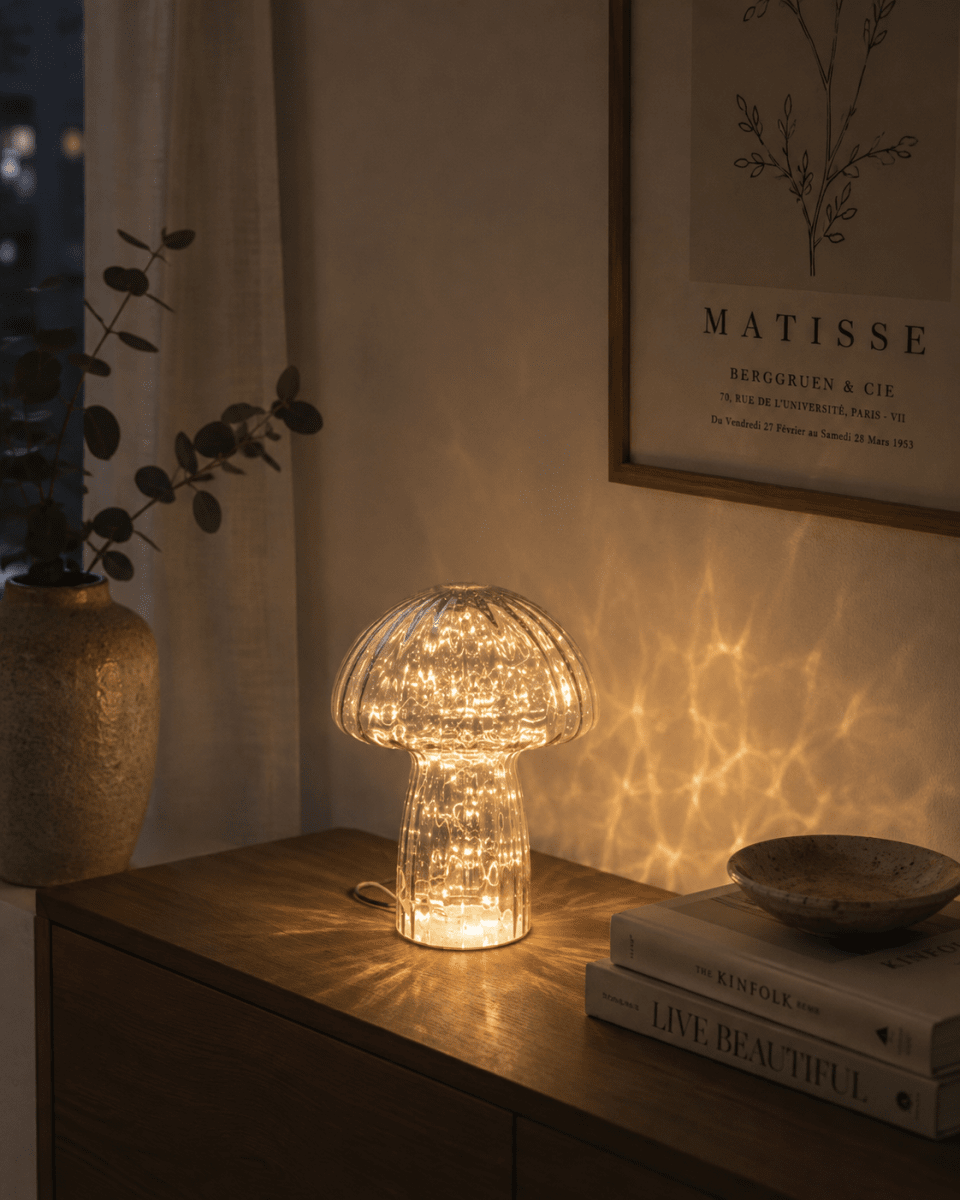 Svamp 23cm Blå bordlampe Fra Pixie Design - Den er utstyrt med en timer og en praktisk 5-trinns dimmer for &aring; justere lyset etter behov, noe som gj&oslash;r den perfekt for b&aring;de arbeidsbelysning og koselig kveldsbelysning.