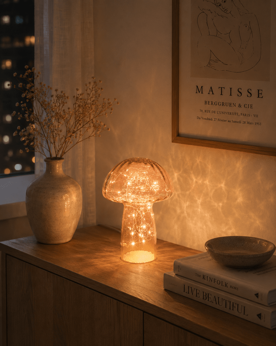 Svamp 23cm Lys rosa bordlampe Fra Pixie Design - Den er utstyrt med en timer og en praktisk 5-trinns dimmer for &aring; justere lyset etter behov, noe som gj&oslash;r den perfekt for b&aring;de arbeidsbelysning og koselig kveldsbelysning.