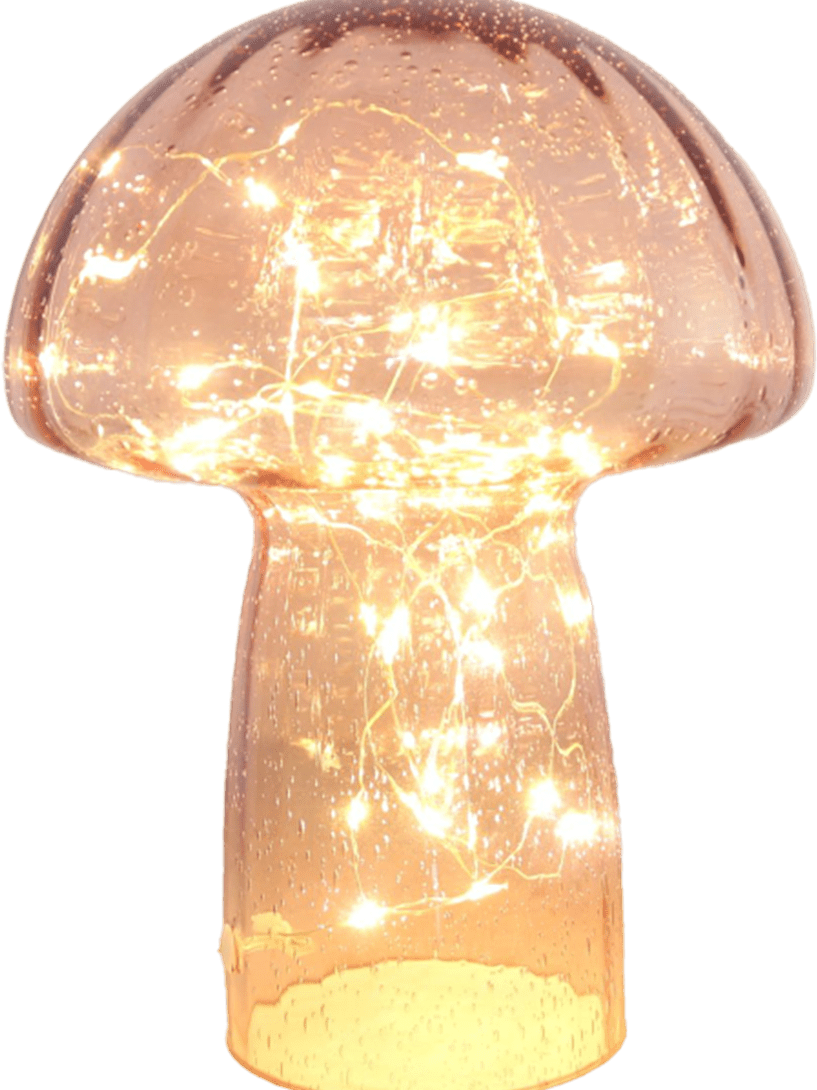 Svamp 23cm Lys rosa bordlampe Fra Pixie Design - Den er utstyrt med en timer og en praktisk 5-trinns dimmer for &aring; justere lyset etter behov, noe som gj&oslash;r den perfekt for b&aring;de arbeidsbelysning og koselig kveldsbelysning.