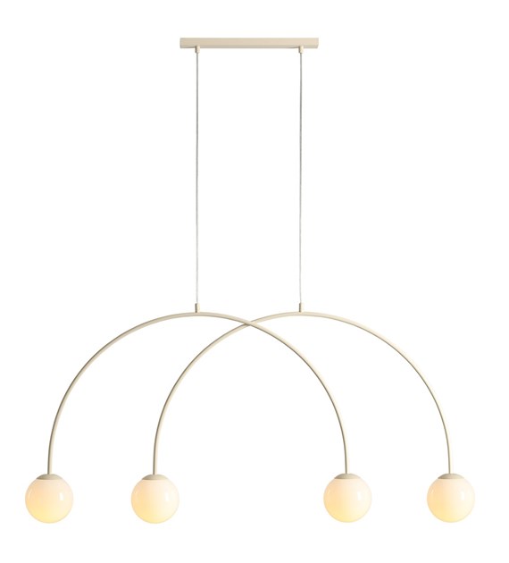 Una 130cm Kremhvit Taklampe Fra Artera - Una takpendellampe i metall i en kremhvit farge har et særegent og moderne design med to buede armer som holder fire hvite glasskjermer.