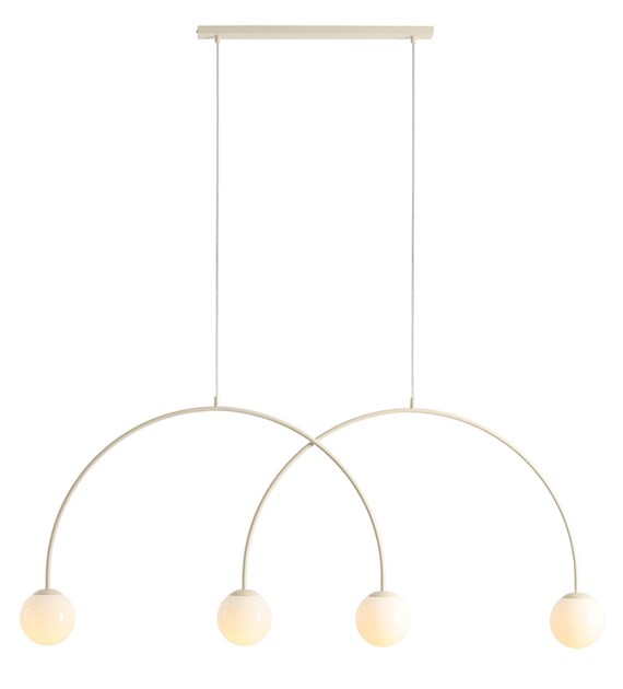 Una 150cm Kremhvit Taklampe Fra Artera - Una takpendellampe i kremhvitt metall har et særegent og moderne design med to buede armer som holder fire hvite glasskjermer.