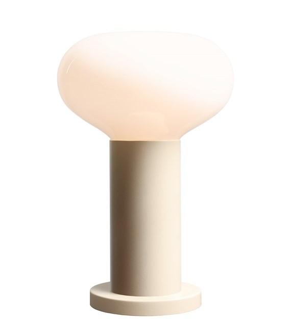 Zoom bilde av Flo 30cm Kremhvit bordlampe Fra Artera - Den har en stilig ramme i kremhvit og en rund hvit glassskjerm som sprer et mykt og behagelig lys.