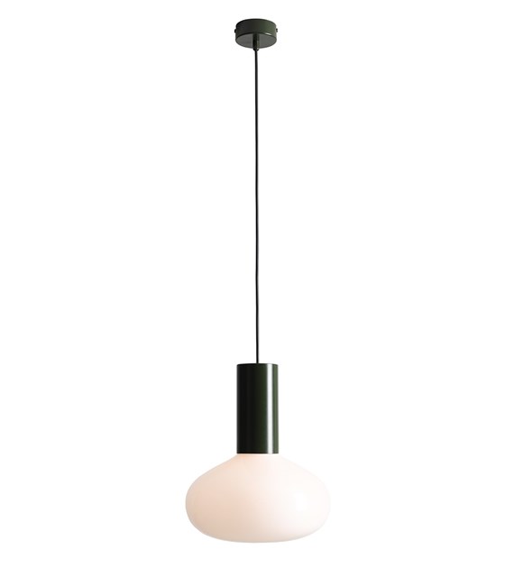 Zoom bilde av Flo Ø26 Mørkegrønn Taklampe Fra Artera - Den har en stilig ramme i m&oslash;rkegr&oslash;nn og en rund hvit glassskjerm som sprer et mykt og behagelig lys.