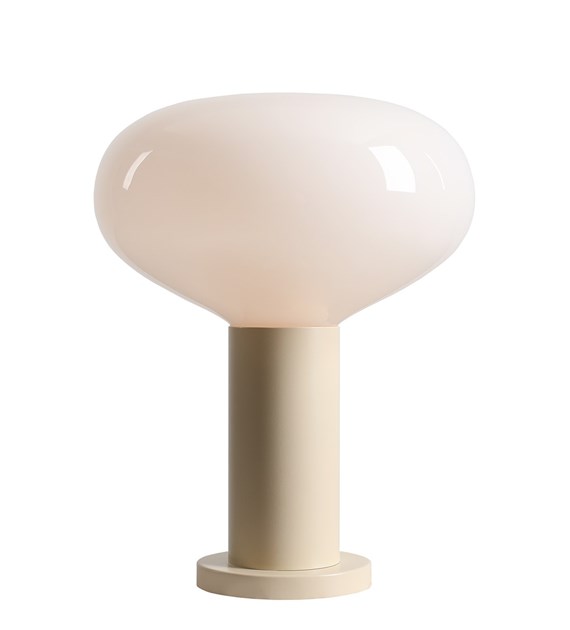 Zoom bilde av Flo 33cm Kremhvit bordlampe Fra Artera - Den har en stilig ramme i kremhvit og en rund hvit glassskjerm som sprer et mykt og behagelig lys.