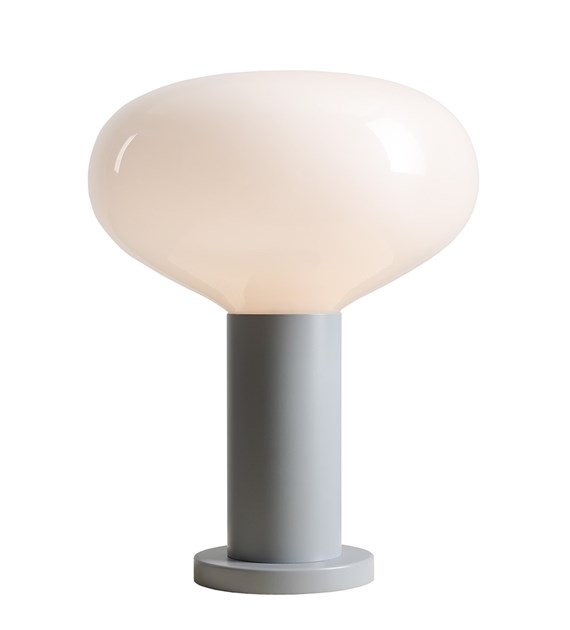 Zoom bilde av Flo 33cm Grå bordlampe Fra Artera - Den har en stilig ramme i gr&aring;tt og en rund hvit glassskjerm som sprer et mykt og behagelig lys.