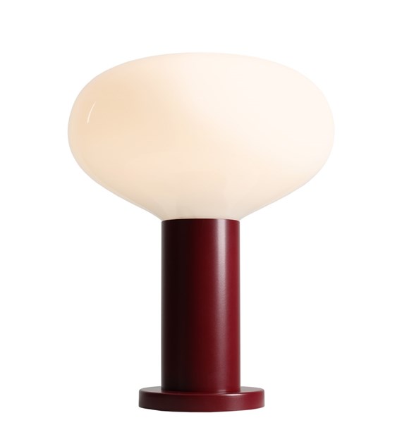 Zoom bilde av Flo 33cm Burgunder bordlampe Fra Artera - Den har en stilig ramme i burgunder og en rund hvit glassskjerm som sprer et mykt og behagelig lys.